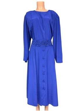 Vintage Royal Blue 80s Midi Dress Beaded Waist Long Sleeve 14W, KSL Formal Dress